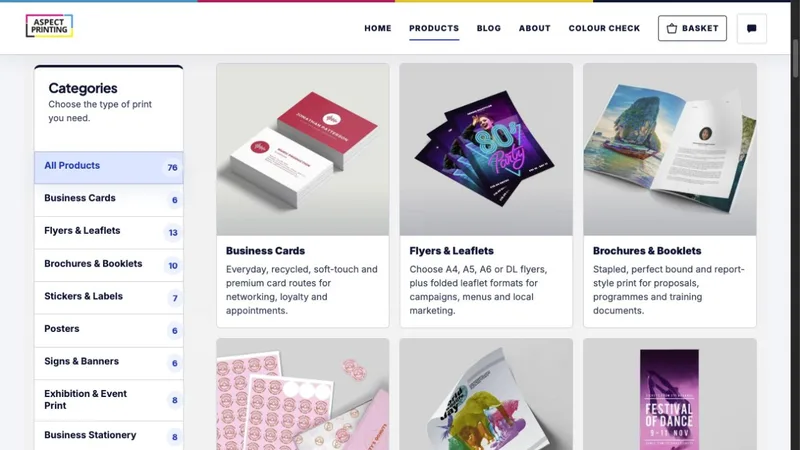 Aspect Printing catalogue showing business cards, flyers, brochures and other product families