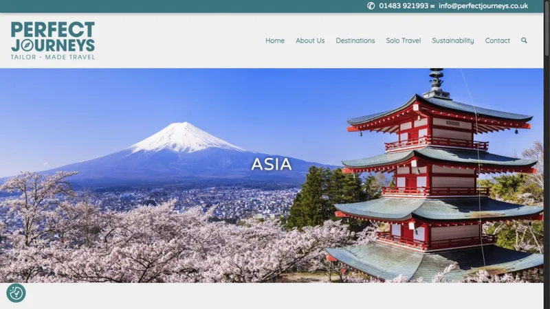 Perfect Journeys Asia destination page with a large travel photograph and destination heading