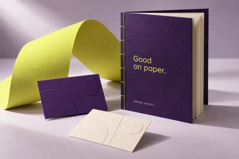 Concept print collection: a textured purple brochure, embossed cards and a curved yellow paper sheet